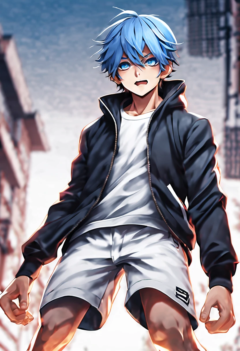 Japanese manga characters,Two-dimensional image,a boy,,panoramic,35mm camera lens,full body portrait,cool guy,athlete,sports student,Detailed background,punch,,Hit in the abdomen,Wear white tight shorts,The crotch is very big,Black jacket,full body portrait,Realistic skin texture,gray messy hair,blue eyes,muscle(0.5),Injuried,Scars on the face,Expression of pain,Accurate facial features,motion blur,Super fine,Super detailed,high quality,8k ,oc rendering,dynamic perspective