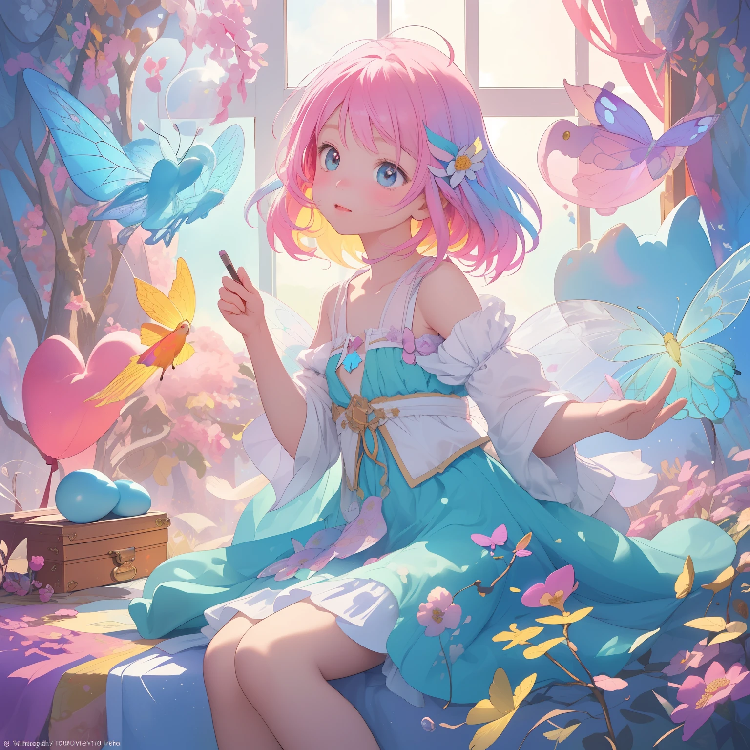 Title: "Whimsical Daydream: A Young Girl's Colorful Reverie" ArtStyle: Vibrant Colored Drawing - Texture: Soft with a focus on delicate, dreamlike qualities - Color Palette: Rich and varied, using a spectrum of lively, cheerful colors while maintaining a gentle overall tone SceneDescription: - Subject: A young girl depicted in a world of vivid imagination and color - Appearance: Delicate features painted with a blend of bright and soft colors, emphasizing her youthful innocence and whimsy - Expression: A gentle, dreamy gaze, filled with wonder and imagination, as if she's envisioning a magical world - Attire: A playful, colorful outfit, perhaps with patterns or motifs that suggest a childlike fantasy, such as flowers, stars, or rainbows - Action: Engaged in a simple yet imaginative activity, like drawing in a colorful sketchbook, gazing out of a window with a bright scene outside, or sitting amidst a swirl of painted colors - Setting: A vibrant, imaginative background - Elements: Elements of fantasy and playfulness, like floating balloons, fantastical creatures, or a sky painted in sunset hues - Details: Colorful objects around her, such as toys, art supplies, or a patchwork blanket - Lighting: Bright and joyful, using color to create a warm, inviting atmosphere, with soft highlights and playful shadows - Additional Details: - Symbolic Touches: Small, colorful details that resonate with childhood and imagination, like a butterfly, a fairy tale book, or a small treasure chest - Atmosphere: A sense of enchantment and joy, as if the scene is part of a vivid daydream Mood: A depiction of innocence and wonder, capturing the vibrant and imaginative spirit of a young girl lost in her colorful daydreams