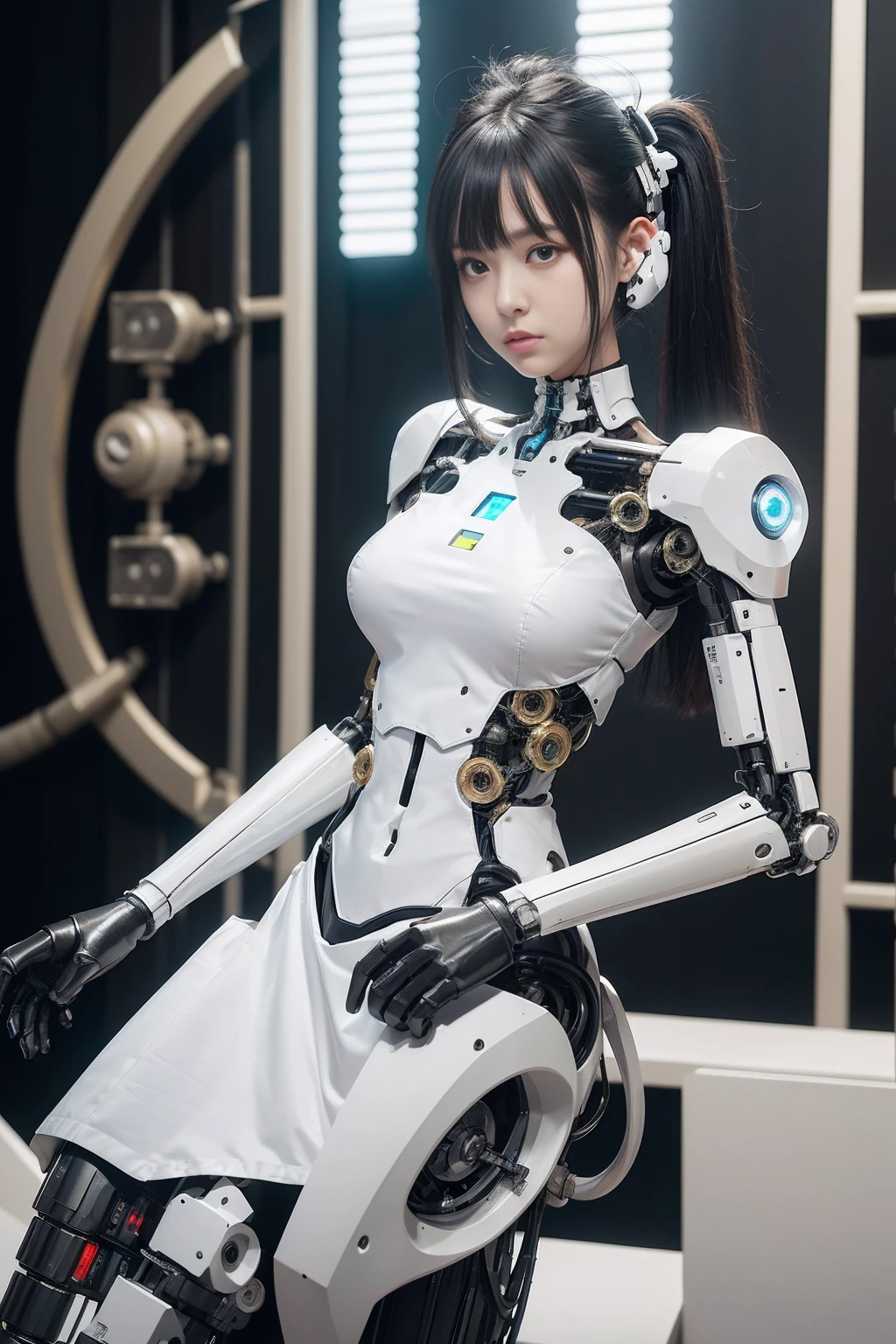 (photorealistic:1.4), (RAW photo)masterpiece, best quality, extremely detailed, (photorealistic:1.4), (RAW photo) (8K, 4K, Best Quality, hight resolution, 超A high resolution:1.1), (masutepiece, Realistic, Photorealsitic:1.1), 8k portrait, Japaese android Girl,Plump , dark black knee high socks,announcer,control panels,android,Droid,Mechanical Hand, Robot arms and legs, Black Robot Parts,Black hair,Mechanical body,Blunt bangs,White abdomen,white body suits,White robotics parts,perfect robot woman,future laboratory,cyber pank,charging spot,laboratory,long tube,thick cable connected her neck,ceramic body ,full eyes,striking eyes,perfect mechanical body, white robot body,lod antenna,mechanical ear cover,android,robot humanoid,black sponge joints,