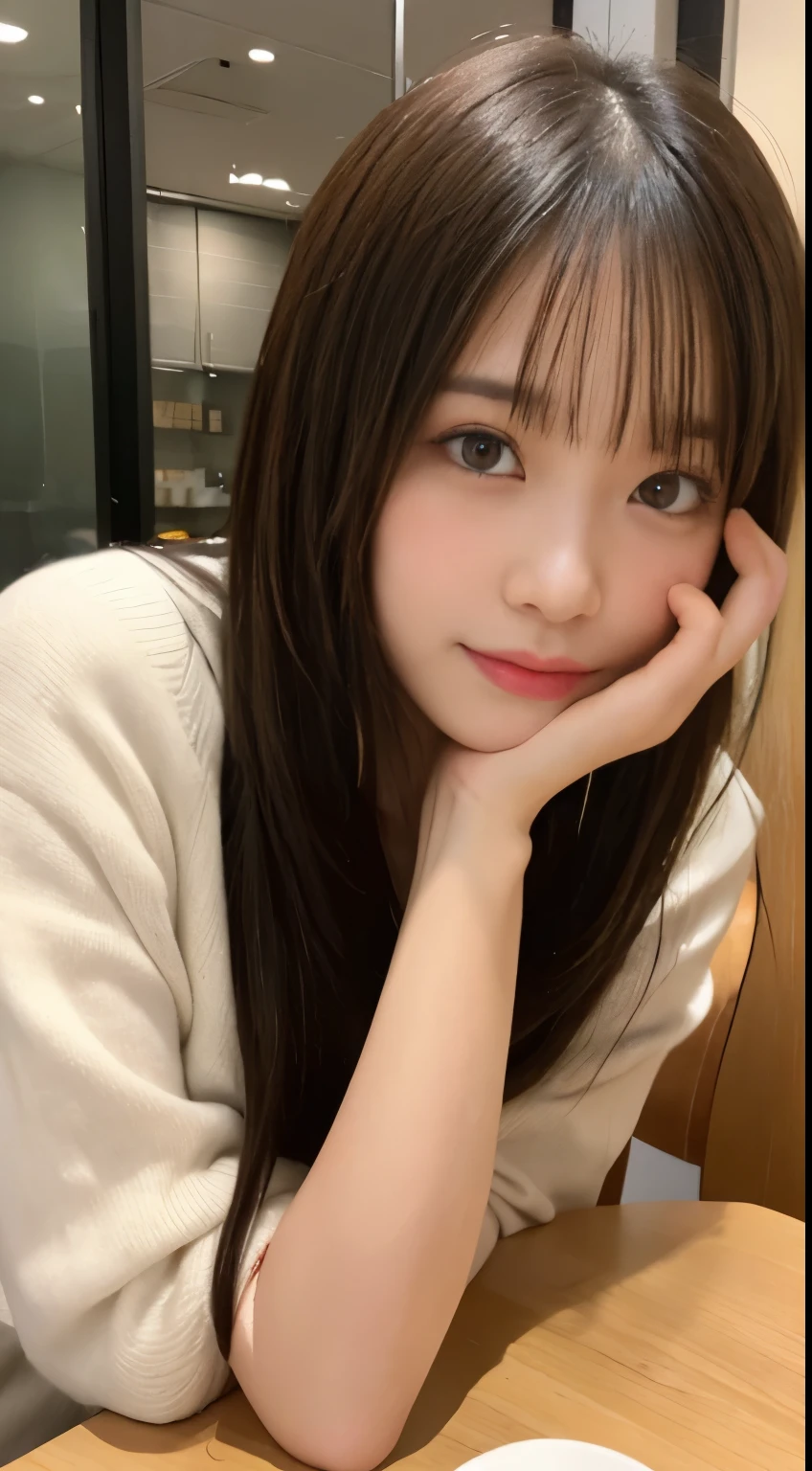 finely, High resolution, high quality、完璧なダイナミックな構figure, beautiful and fine eyes, medium hair, 、natural color lip, squat,Kamimei、Shibuya Ward、university student、1 person、transparent skin、shining hair、table top, 最high quality, figure, super detailed, finely, High resolution, 8K,correct state of the human body