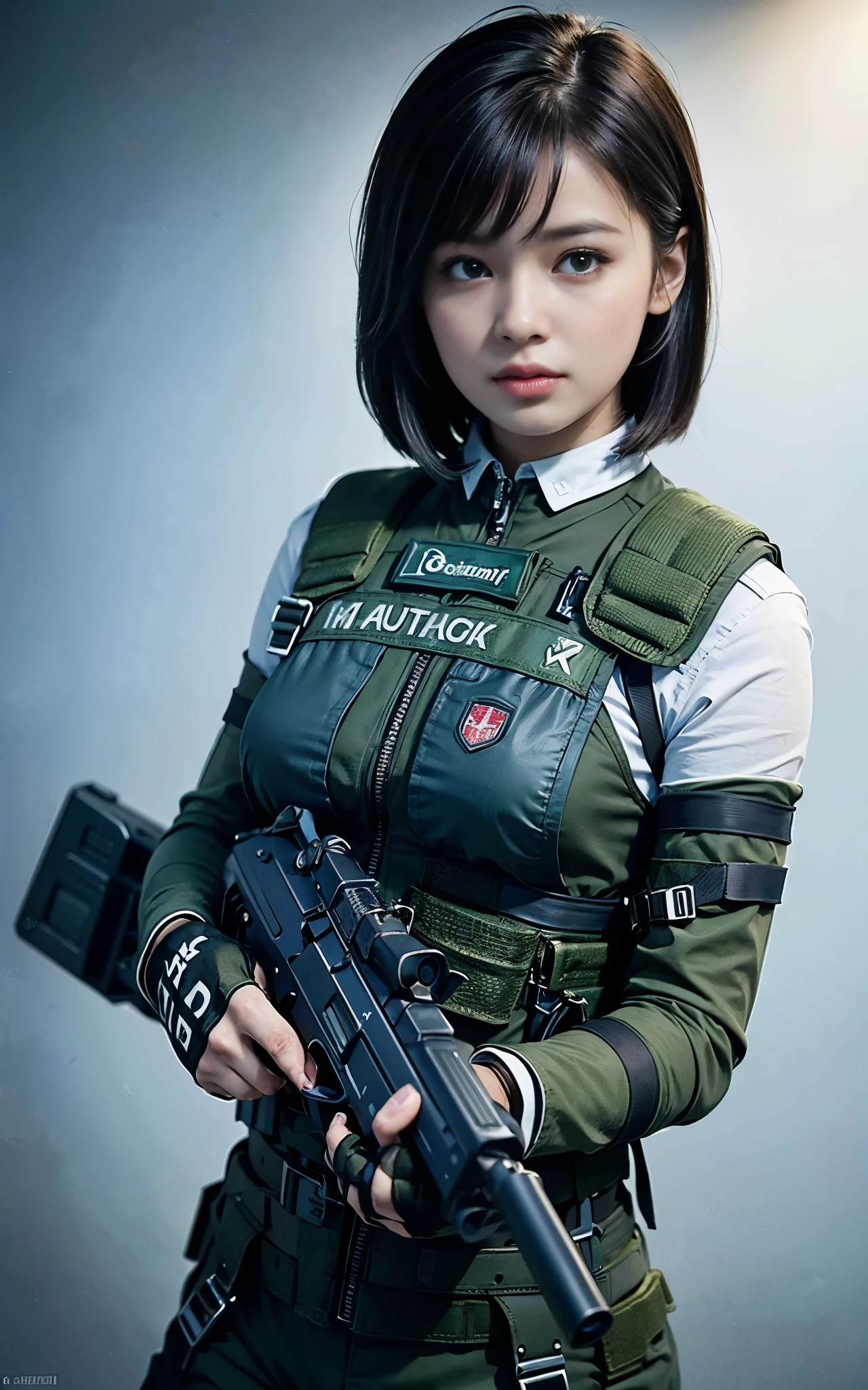 ((Best Quality, 8K, Masterpiece: 1.3)), ((best quality)), photorealistic, photorealism, 1girl aiming with an ak-47 assault rifle, Combat pose, Photorealistic, high resolution, looking to the viewer, (Detailed face), short black hair, red rubber suit, tactical vests, military harness, revealed plump thigh, Gun,black gloves, high-tech headset, Fingers are occluded, concrete wall background,