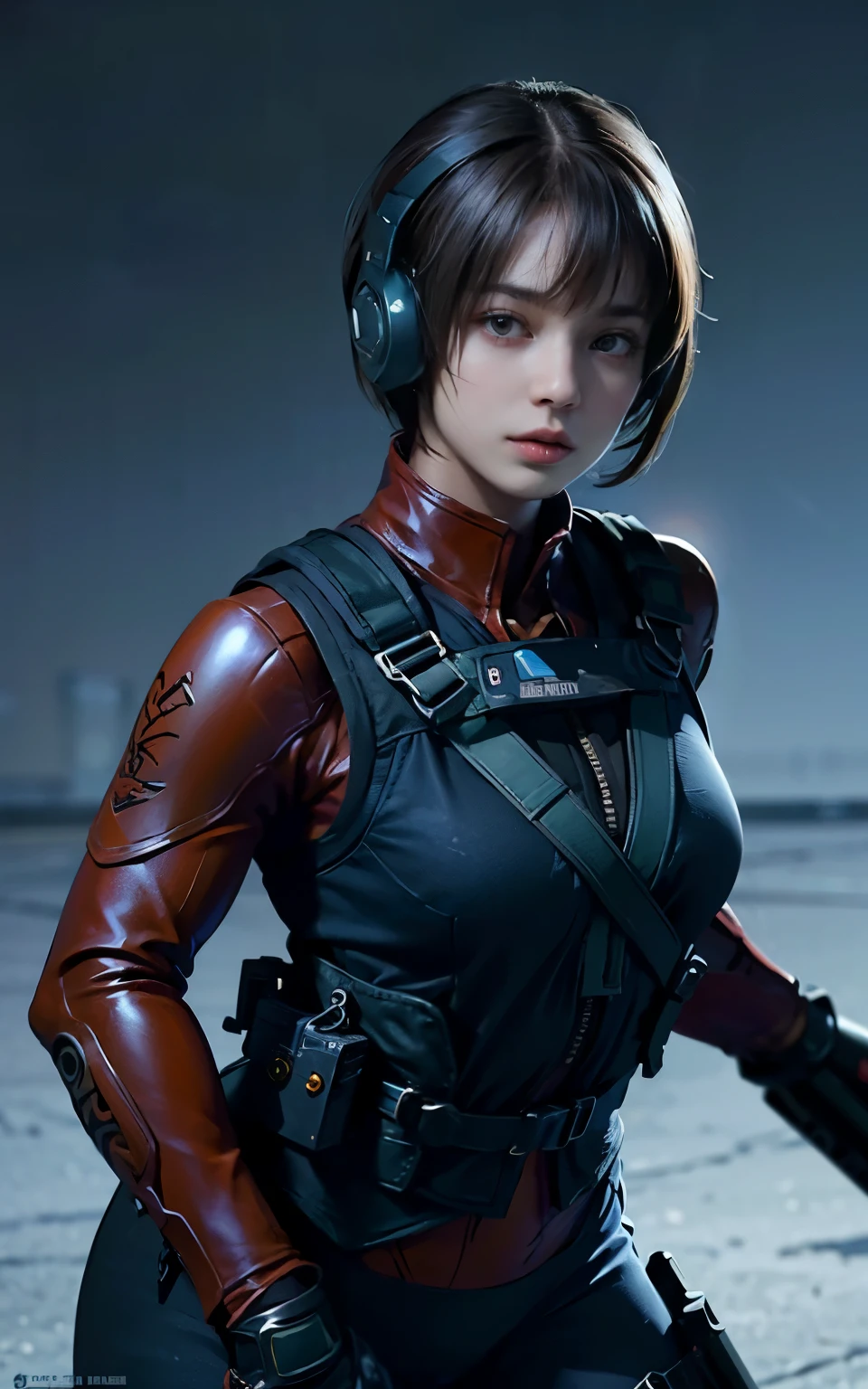 ((Best Quality, 8K, Masterpiece: 1.3)), ((best quality)), photorealistic, photorealism, Photorealistic, high resolution, 1girl aiming with an ak-47 assault rifle, Combat pose, looking at the viewer, (Detailed face), short hair, (wearing red rubber suit, tactical vests, military harness, black gloves, high-tech headset), cloths color based on black dark blue), muscular and plump, revealed plump thigh, Gun, Fingers are occluded, concrete wall background,