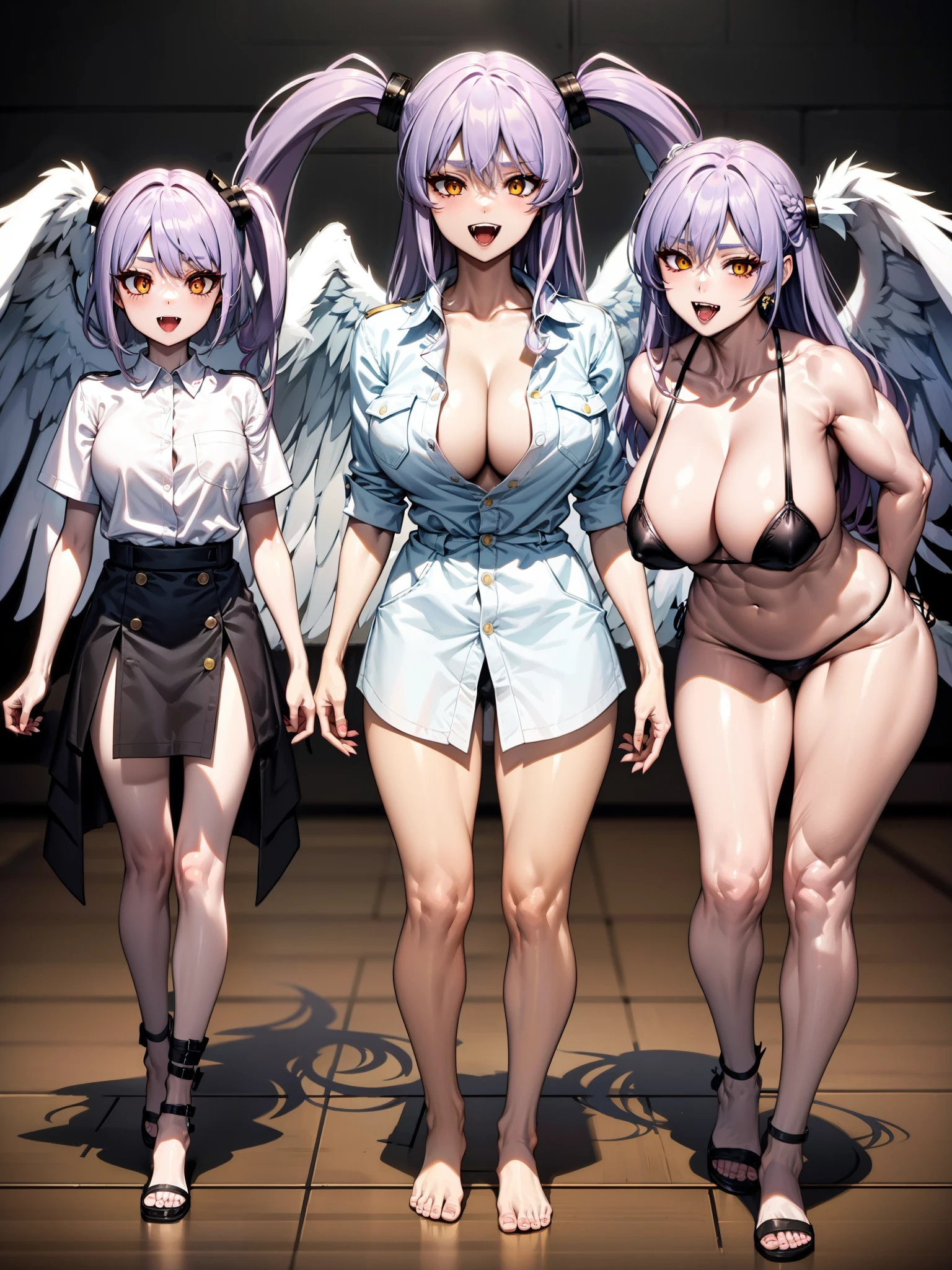 Harpy adult girl, white wings, fangs, yellow eyes, long muscular legs, giant breasts, long pink hair, tight shory, low-cut button-down shirt, 8k, hd, masterpiece, highly detailed full body image, no deformities, background totally white