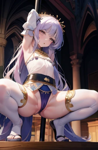 high resolution, masterpiece, best quality, perfect anatomy, full body, looking at viewer, , ((naughty face)), (flat chest), see through, (sweat), arms behind back, Japanese girl, pale skin, show off nipple, 1girl, (pole dancing:1.2), ((squatting)), open legs, arms behind head, stage, (green metallic bellydancer), cameltoe, toddler body, baby face, from below, twin talis, realistic, beautiful face, clear eyes, purple hair, detached sleeves, thighhighs, (awaiting tongue), trembling, church,