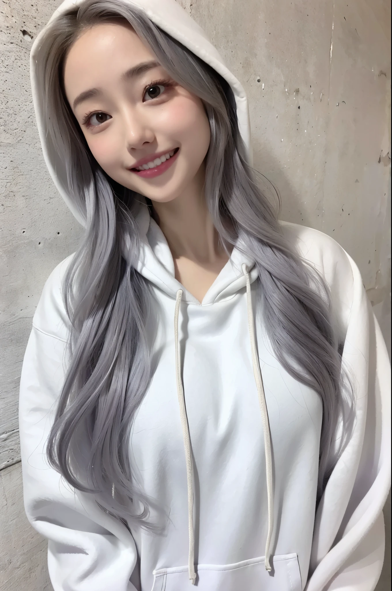 realistic, High resolution, 1 female, glowing skin, alone, wide lips,long hair,wavy hair, hip up,saggy breasts,small face,white wall,concrete wall,background white,Gray color hair,Color Contacts,tilt one&#39;s head,wearing a hoodie,smile,white teeth