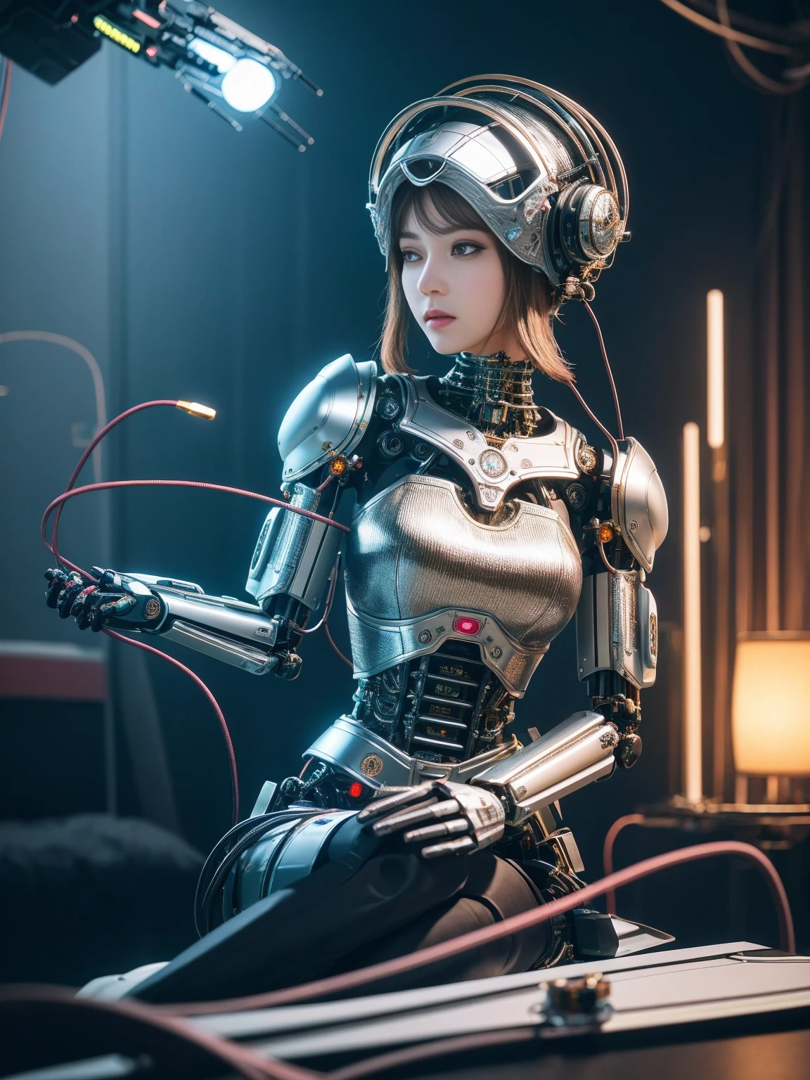 Intricate 3d rendering of highly detailed beautiful ceramic silhouette female robot face, robot, robot part, 150 mm, beautiful studio soft light, rim light, vibrant details, luxurious cyberpunk, lace, surreal, anatomy, facial muscles, cables wires, microchip, elegant, beautiful background, octane rendering, HR Giger style, 8k, best quality, masterpiece, illustration, very delicate and beautiful, very detailed, CG, unity, wallpapedelity, fidelity: 1.37), amazing, fine detail, masterpiece, best quality, official art, extremely detailed cg unity 8k wallpaper, absurd, unbelievably absurd, robot, silver helmet, full body, sitting write