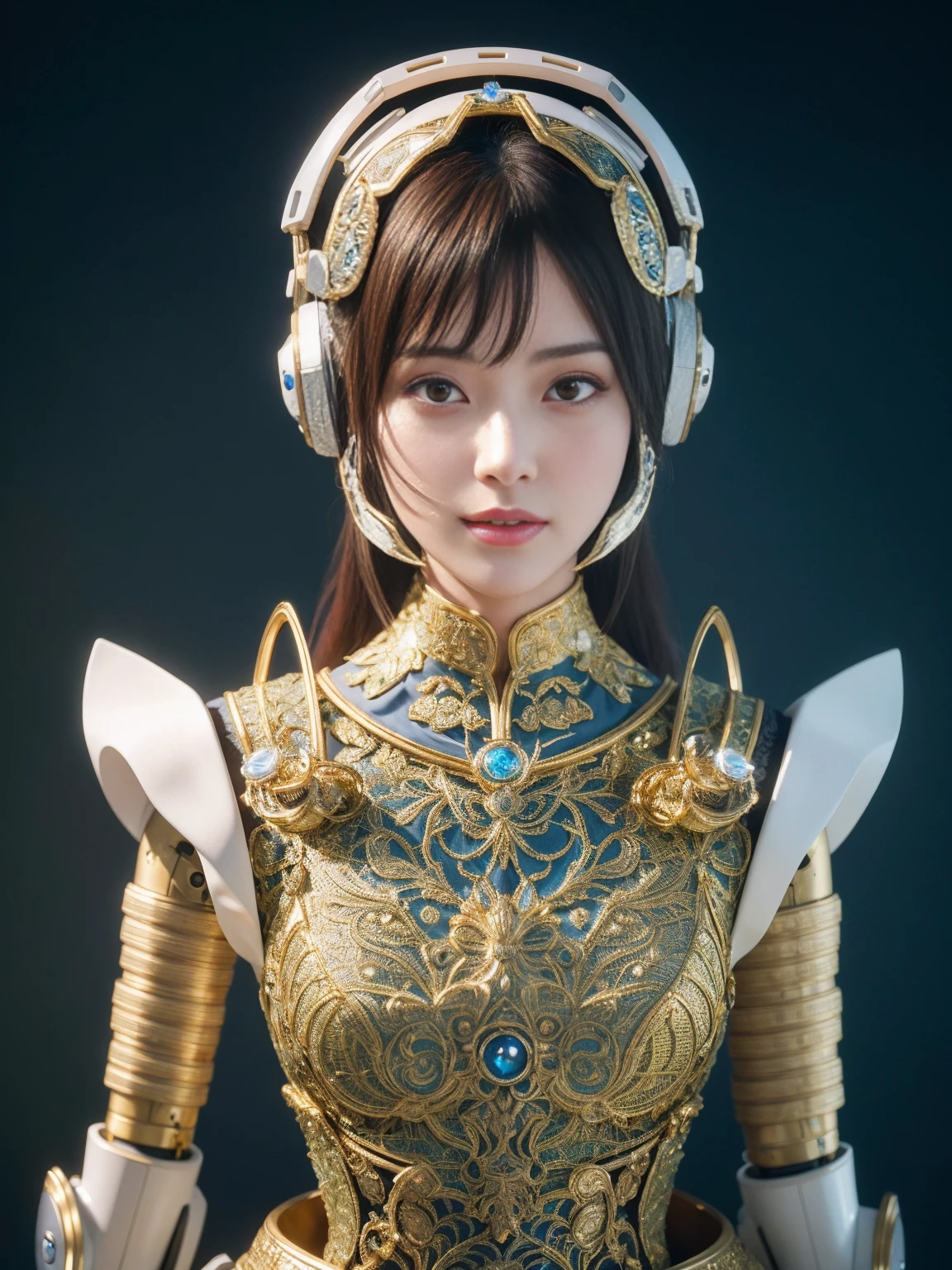 Intricate 3d rendering of highly detailed beautiful ceramic silhouette female robot face, robot, robot part, 150 mm, beautiful studio soft light, rim light, vibrant details, luxurious cyberpunk, lace, surreal, anatomy, facial muscles, cables wires, microchip, elegant, beautiful background, octane rendering, HR Giger style, 8k, best quality, masterpiece, illustration, very delicate and beautiful, very detailed, CG, unity, wallpapedelity, fidelity: 1.37), amazing, fine detail, masterpiece, best quality, official art, extremely detailed cg unity 8k wallpaper, absurd, unbelievably absurd, robot, silver helmet, full body, sitting write