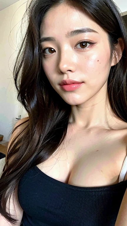(highest quality, 8K, 32K, masterpiece, UHD:1.2),beautiful woman photo, Upper body, from the waist up,face focus, extra large size_white tank top, simple background, smile,natural light,one person,Upper body,30 generations,morning,White furniture,natural,healthy,stylish,Good posture,sporty,simple room,Fashion Model,Are thin,Japanese,realism,Semi-long hairstyles,((Front-facing)),