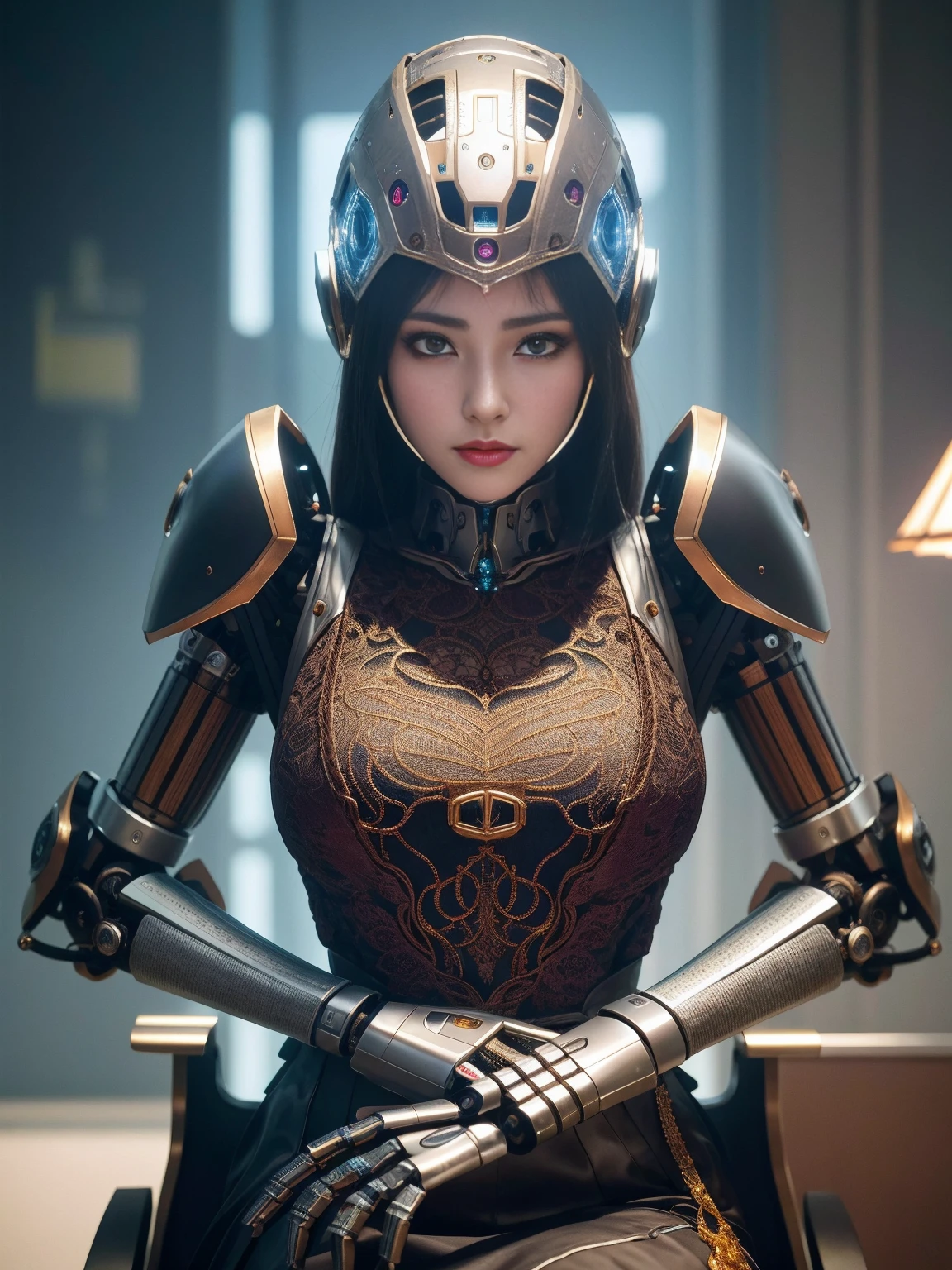 Intricate 3d rendering of highly detailed beautiful ceramic silhouette female robot face, robot, robot part, 150 mm, beautiful studio soft light, rim light, vibrant details, luxurious cyberpunk, lace, surreal, anatomy, facial muscles, cables wires, microchip, elegant, beautiful background, octane rendering, HR Giger style, 8k, best quality, masterpiece, illustration, very delicate and beautiful, very detailed, CG, unity, wallpapedelity, fidelity: 1.37), amazing, fine detail, masterpiece, best quality, official art, extremely detailed cg unity 8k wallpaper, absurd, unbelievably absurd, robot, silver helmet, full body, sitting write