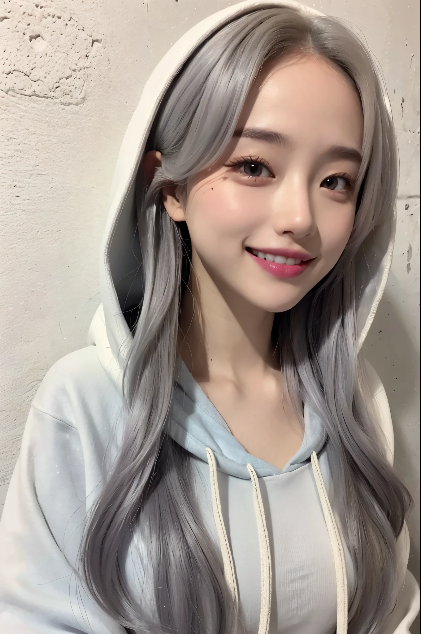 realistic, High resolution, 1 female, glowing skin, alone, wide lips,long hair,wavy hair, hip up,saggy breasts,small face,white wall,concrete wall,background white,Gray color hair,Color Contacts,tilt one&#39;s head,wearing a hoodie,smile,white teeth