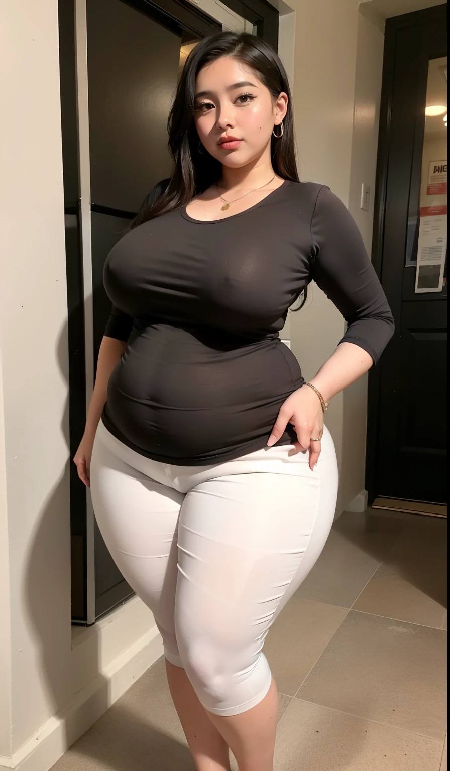 a close up of a woman in a brown shirt and shorts pants , thicc, she has a jiggly fat round belly, thick body, beautiful thick female, her belly is fat and round, curvy hourglass figure, thick, skinny waist and thick ????, curvy model, middle body shot, bbwchan, voluptuous body, thick thighs, very curvy, baby face, chubby cheeks, full body, full body view 
