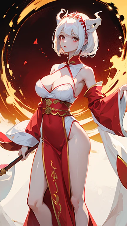 a girl,white short hair,huge breasts,slender waist,There are two dragon horns on the head,Wearing red clothes,The type of clothing is Hanfu,golden headdress,red and white background color,Standing posture,wearing high heels。Perfect body。