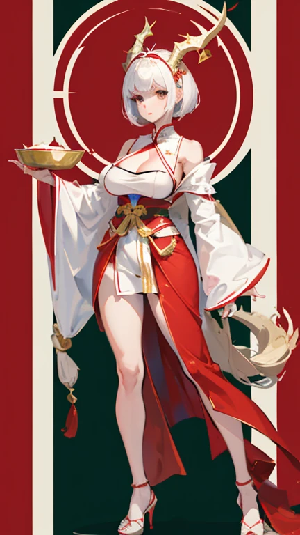 a girl,white short hair,huge breasts,slender waist,There are two dragon horns on the head,Wearing red clothes,The type of clothing is Hanfu,golden headdress,red and white background color,Standing posture,wearing high heels。Perfect body。