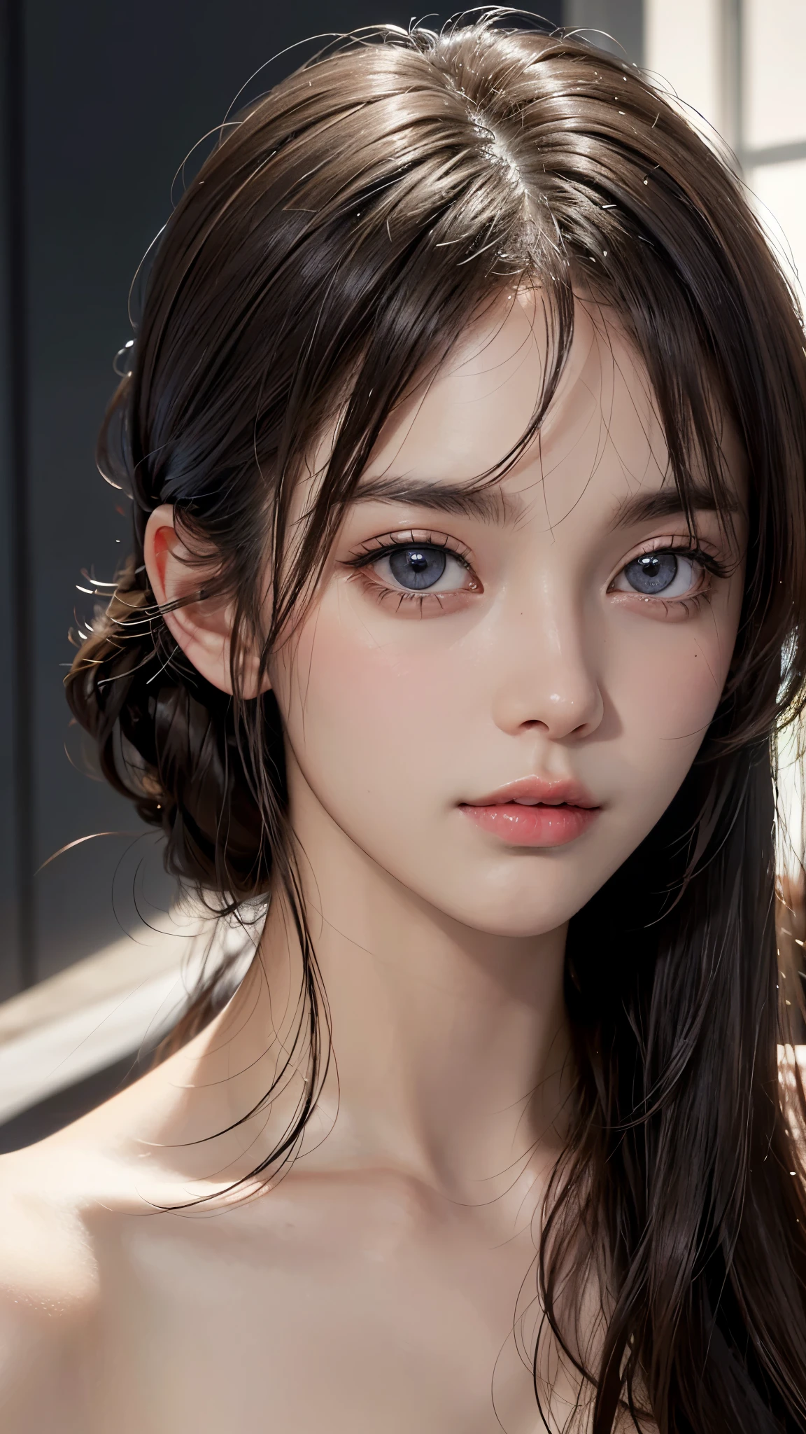 (UHD, retina, masterpiece, accurate, anatomically_correct, textured_skin, super_detail, high_details, high_quality, best_quality, high_res, 1080P, HD, 4K, 8k, 16k), (beautiful_detailed_eyes, beautiful_detailed_lips, extremely_detailed_eyes_and_face), soft_lighting, physically-based_rendering, vivid_colors, (shiny_hair, shiny_skin, tanned_skin, blush), (bangs:1.5), eye_reflection, (bokeh), (hair_slicked_back:1.5),