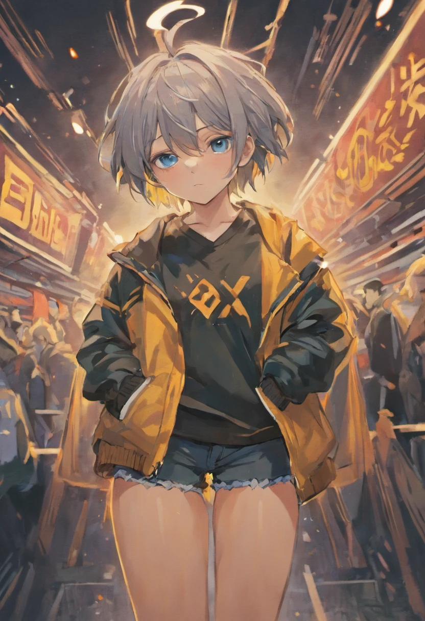 (Cyberpunk), Cyberpunk (series), 1 名girl, Baby Girl,With a happy smile,girl,whole body,(Delicate face:1.2), 八岁小girl,White hair, honey-colored pupils, confused expression, and a little wound on the body ,Standing painting,一米五girl