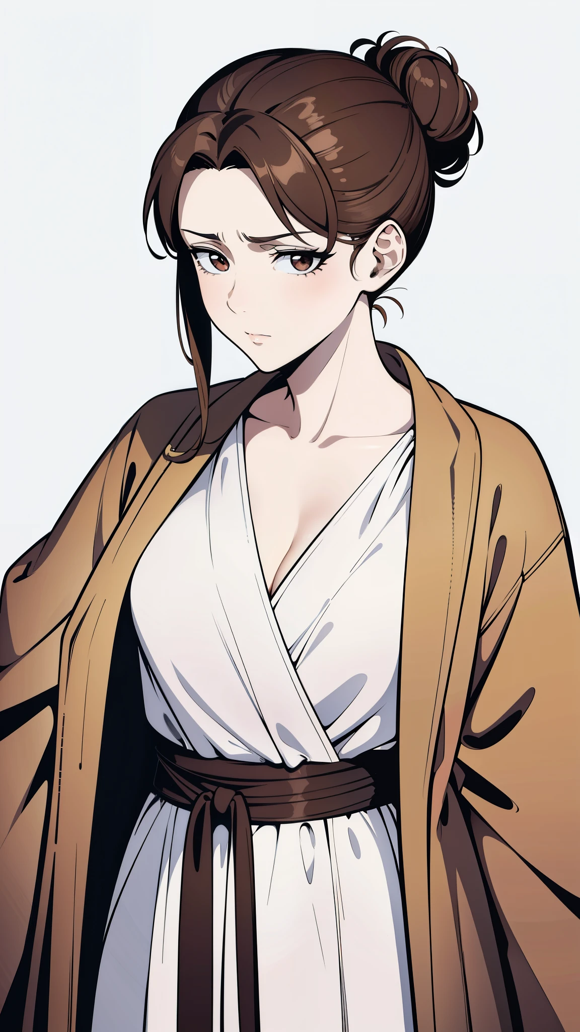 {8k image}, beautiful mature woman (MILF), 31 years old, Brown eyes, big brown hair (Loose-Bun Hairstyle), small breasts, wearing a bathrobe (white), looking at the viewer angrily, face centered forward, focus on the face and chest, {face portrait}, manga art style, lineart, lineart with fine lines