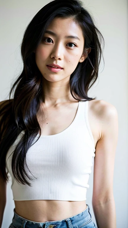 (highest quality, 8K, 32K, masterpiece, UHD:1.2),beautiful woman photo, Upper body, from the waist up,face focus, extra large size_white tank top, simple background, smile,natural light,one person,Upper body,30 generations,morning,White furniture,natural,healthy,stylish,Good posture,sporty,simple room,Fashion Model,Are thin,Japanese,realism,Semi-long hairstyles,((Front-facing)),