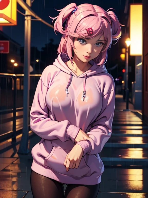 Best Quality, Masterpiece, Ultra High Resolution, (Realism: 1.4), Original Photo, 1Girl, wearing a wet sweater in the rain, wet clothes, clinging shirt, ddlcnatsuki, hoodie sweater, leggings, gloves