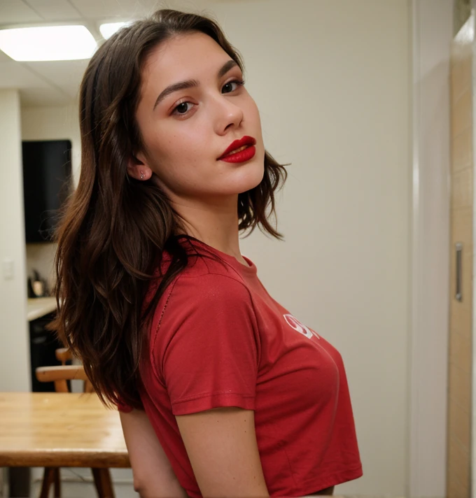 Photo of a young woman,, indoors, tight t-shirt, red lipstick,