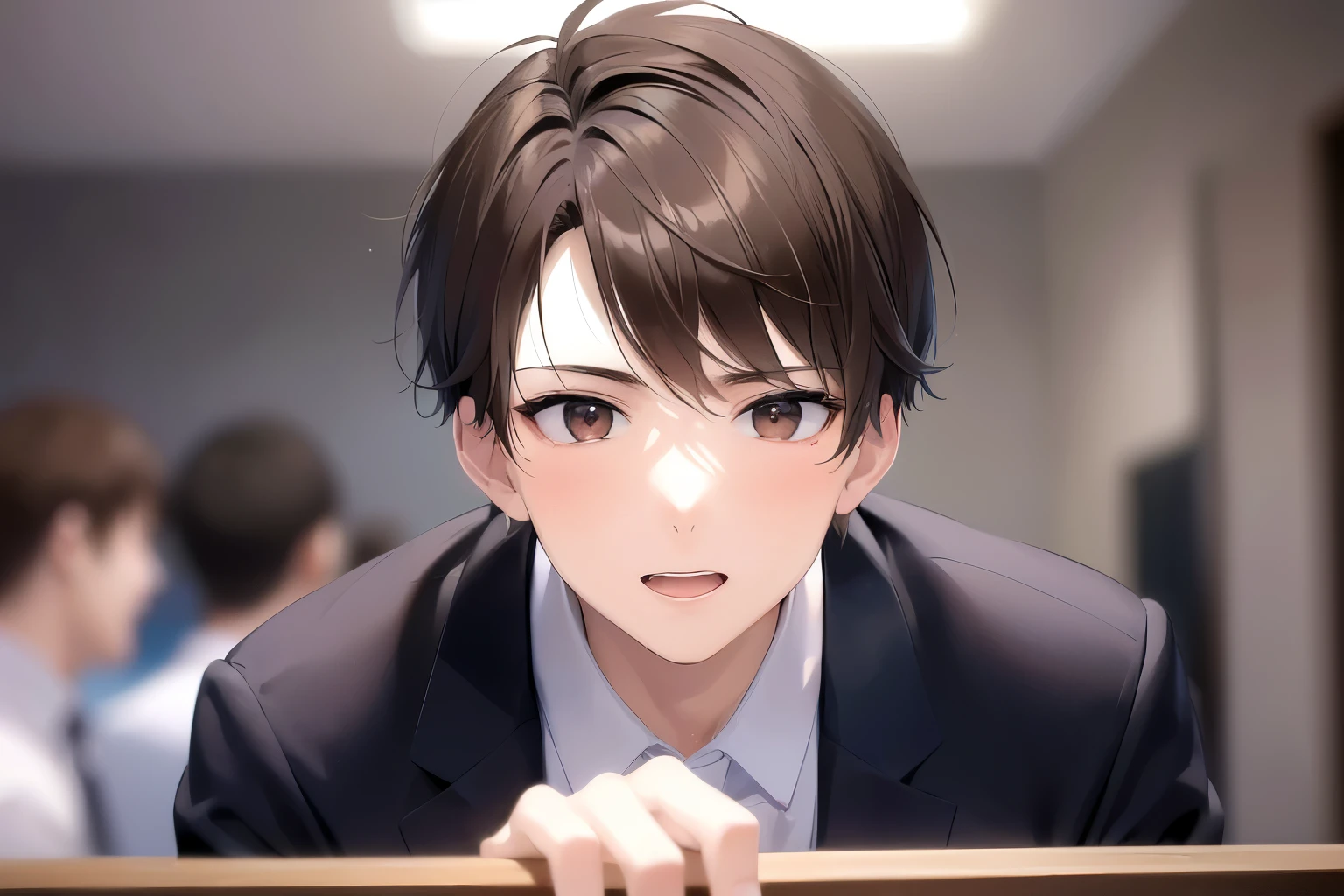side angle, masterpiece、high quality、(25 year old man with short brown hair and brown eyes:1.5)、wearing a suit、Wearing a blue tie、confused, open mouth, The background is a conference room、Alone、bold composition