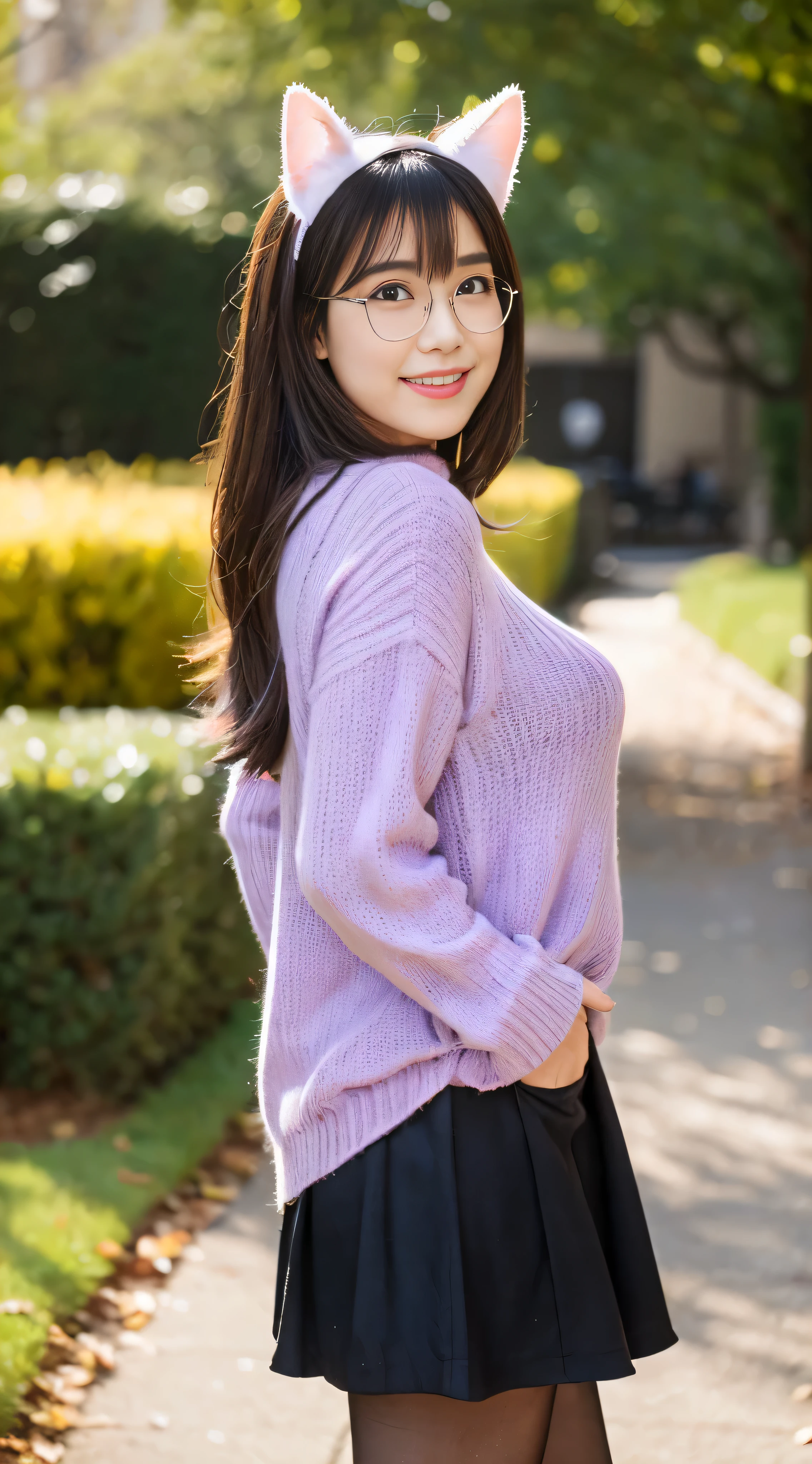 masterpiece, best quality, 1girl, ((looking at viewer)), lilac hair, purple eyes, long hair,  ahoge, sweater, sweater skirt, pantyhose, 163cm, hair between eyes, large breasts, adult, 33 years old, mature, glasses, solo, sole, smile, cat ears, cat tail, fang, catgirl, animal ears
