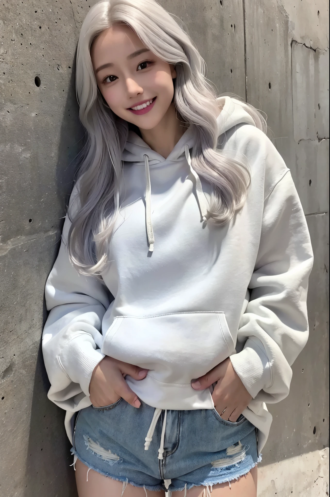 realistic, High resolution, 1 female, glowing skin, alone, wide lips,long hair,wavy hair, hip up,saggy breasts,small face,white wall,concrete wall,background white,Gray color hair,Color Contacts,tilt one's head,wearing a hoodie,smile,white teeth,whole body,shorts