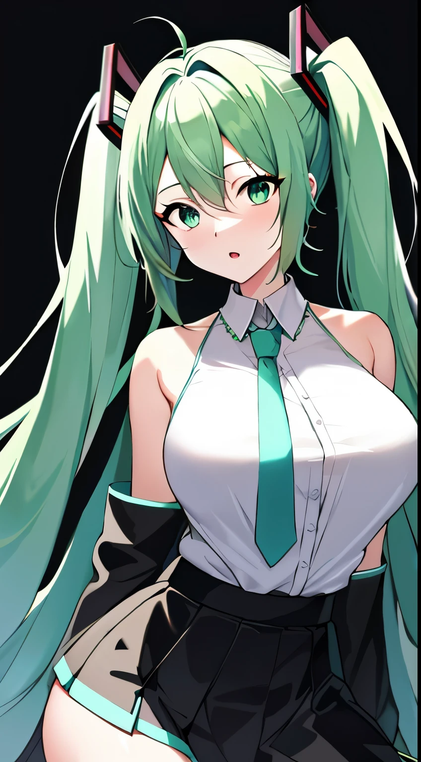 big breasts hatsune miku，Electronic singer，green hair，bare shoulders，black skirt，Black sleeves，separate the sleeves，(white collar blouse)，8K，High resolution，green eyes，grand concert background，Only beautiful thighs are exposed，clothes are white，The number on the upper arm is 01，shiny background，There is a tie to wear，pose like a girl would pose，high quality hair，Eyes of an anime heroine，Open your little mouth