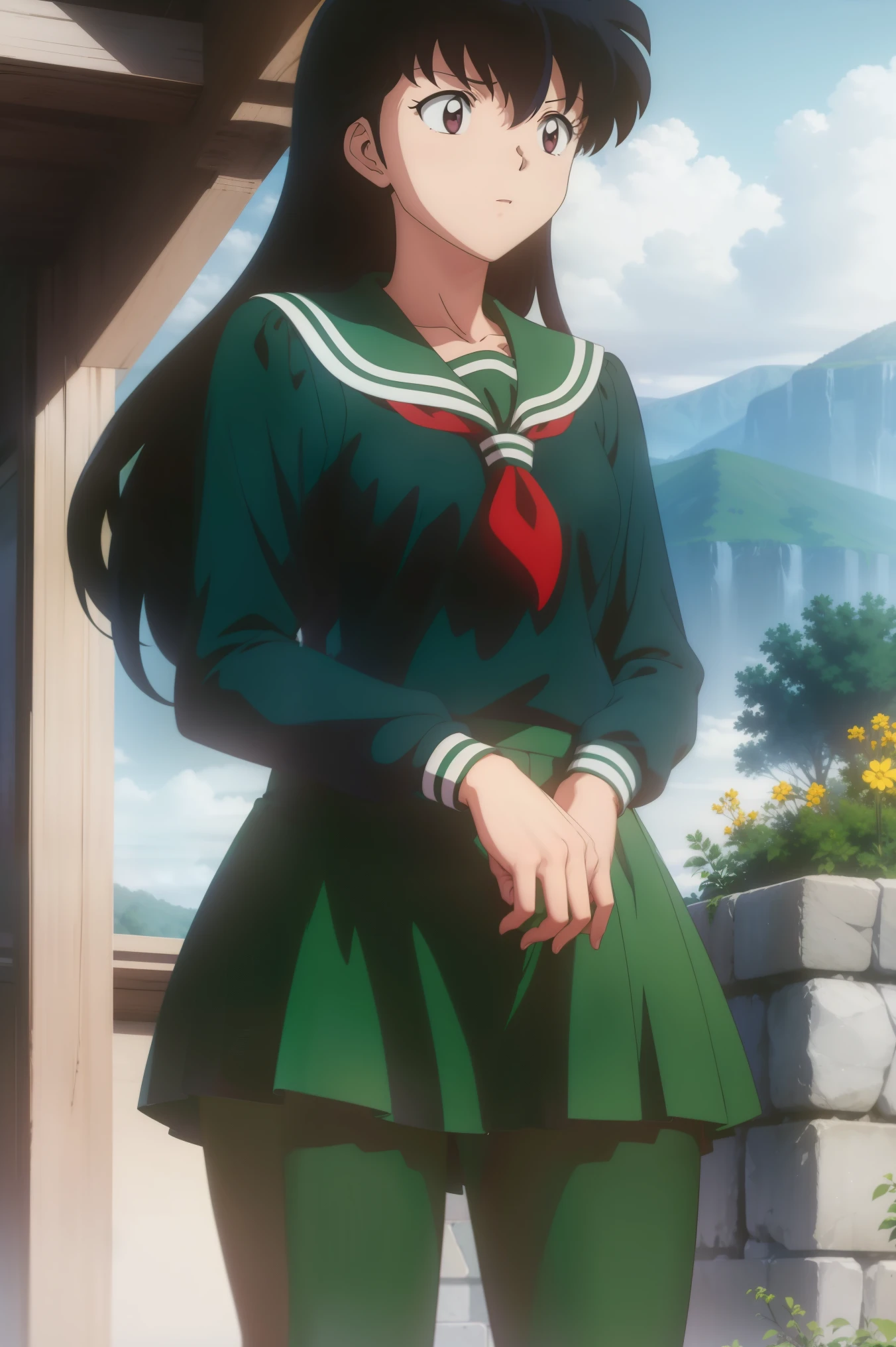 (masterpiece, best quality, highly detailed, 16K anime high resolution, anime style, clean brush strokes, highly detailed, anatomically perfect body), 1 girl, ((Luna)), (perfect face, highly detailed), smiling, beautifully detailed eyes , purple eyes, (purple hair, long hair, black hair between eyes, bangs), tabletop, (big breasts: 0.6), (sailor suit, green, long sleeves), (red scarf), high body, smooth body lines, wide waist: 0.4, big buttocks: 0.5, (long skirt, green), soft thighs, (sexy pose), looking at the viewer, (medieval city background), (frontal photo, shot from above),