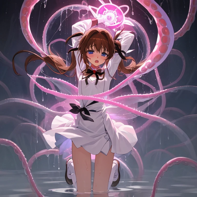 {{{{amazing quality, great quality, high quality, very aesthetic, aesthetic, best quality}}}},
realistic, photo, shadow, Three-dimensional, absurdres, Digital art,
{{{magical girl lyrical nanoha}}}, {{{Nanoha Takamachi}}}, ,
brown hair, medium hair, shiny hair, twin tails, white ribbon,
blue eyes, big eyes, round eyes, tareme,
{{flat chest}}, {{small breasts}}, {{detailed body}}, slim thighs, thin thighs,
barrier jacket, white long skirt, white long sleeves, puff sleeves, bulging shoulders,
black fingerless gloves, black socks,white shoes with white feathers,
ribbon trim, red bow tie, red big jewel,
{A magic wand named "Raging Heart"},
{{{{Magical girl}}}}, beautiful girl, one girl, cute, pretty, lovely, charming, teenage, kaw younger sister,
distress, resistance, defeat, inferiority, absurdres, aroused, sexual pleasure, troubled face, shy, orgasm, sensitive body, Sweat, trembling, torn clothes, wet clothes, melted clothes, transparent clothes, damaged clothes, Completely nude, half-naked, girl gets wet, wet hair, A girl is immersed up to her waist in cloudy liquid, A girl is immersed up to her shoulders in cloudy liquid, A girl is covered in cloudy liquid, tentacle bath, Transparent pink tentacles attack the girl, Multiple transparent pink tentacles wrap around the girl's body, Multiple transparent pink tentacles wraps around the girl's arm, Multiple transparent pink tentacles wraps around a girl's leg, Multiple transparent pink tentacles caresses the girl's nipples, Multiple transparent pink tentacles caresses the girl's crotch,