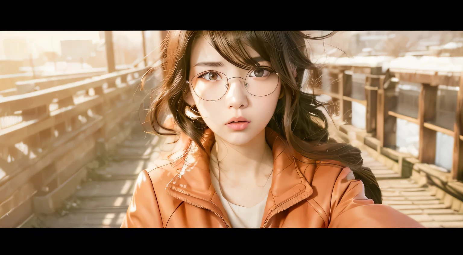 anime girl with glasses and a brown jacket standing on a bridge, anime cgi style, anime opening, in style of kyoto animation, makoto shinkai style, female protagonist 👀 :8, satoshi kon artstyle, in the anime film, miura kentaro style, ( ( ( yoshinari yoh ) ) ), screenshot from the anime film, anime movie screenshot