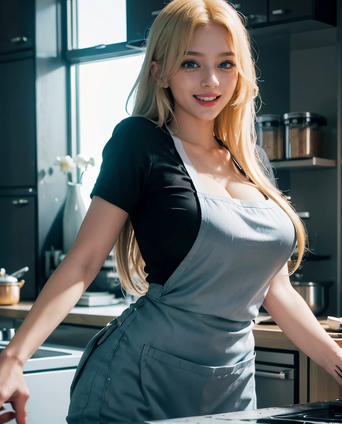 1girl, Blue eyes, (laughing), (in a luxurious kitchen :1.4), (close-up at face :1.2), (Sana Minatozaki), wide hips, Big , big ass, (Best Quality, 8k, Masterpiece: 1.3), perfect hands, Clear Focus: 1.2, Perfect Body Beauty: 1.4, Highly detailed face and skin texture, detailed eyes, double eyelids, (blonde long hair :1.2), (white cleavage t-shirt), (black apron :1.3), (jeans), standing, dynamic pose, windows in the background