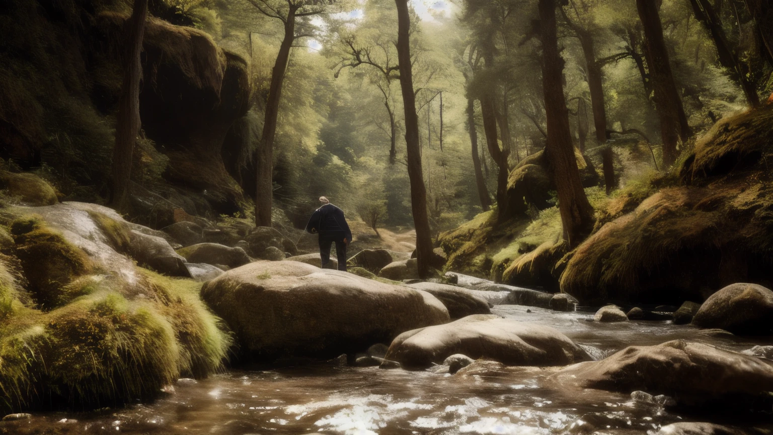 hyper ultra realistic photographs full body of A lone traveler pauses on a secluded mountain path, drawn to the weathered beauty of a moss-laden rock. With a gentle touch, they trace the contours of the ancient stone, feeling a deep connection to the wild heart of the landscape. ratio 16:9, 4k, 8k resolution, High quality photo, high detailed, imagesharp focus, Cinematic lighting,hyperdetailed & Unreal engine, detail, realism, photography,cinematography, camera NIKON, lens NIKKOR flagship, masterpiece. hyper-maximalism, ultradetailed photorealistic, light skin imperfections, final render, vray, photo, fashion