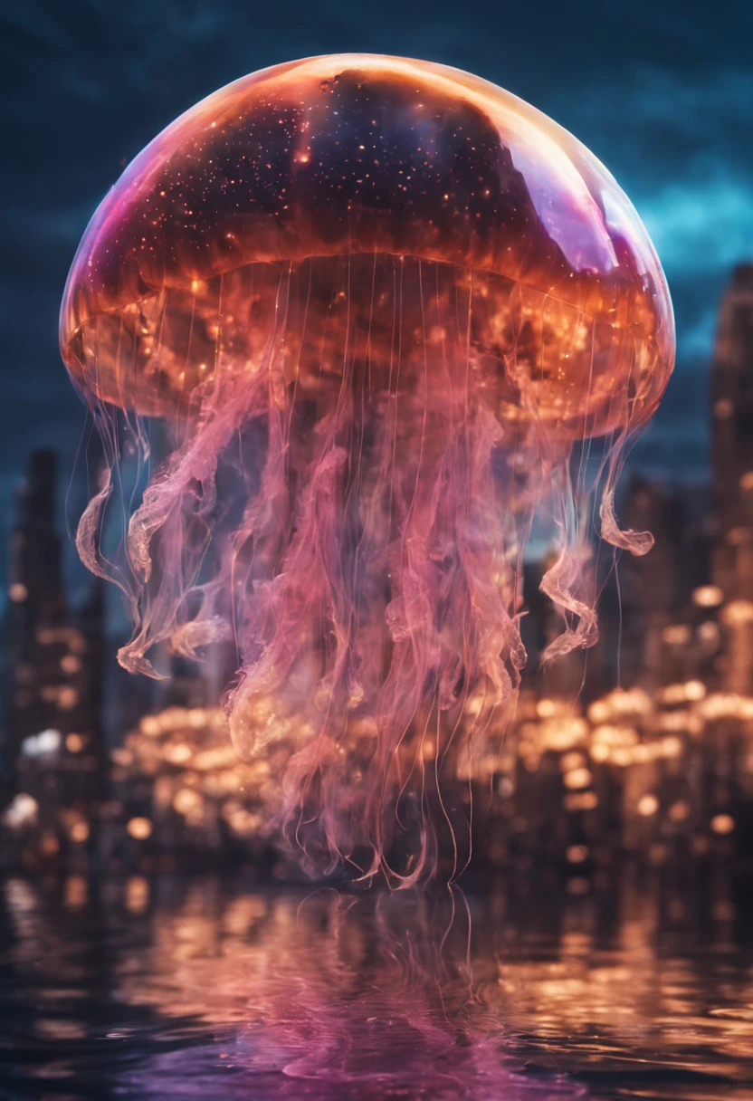 a surreal dreamscape where a city skyline is reflected in the iridescent wings of a floating, glowing jellyfish., colorful, magical photography, dramatic lighting, photo realism, ultra-detailed, 4k, Depth of field, High-resolution