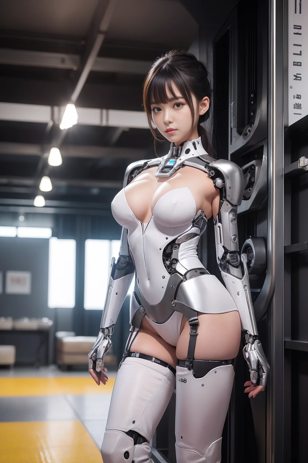 (photorealistic:1.4), (RAW photo)masterpiece, best quality, extremely detailed, (8K, 4K, Best Quality, hight resolution, 超A high resolution:1.1), 8K portrait,1girl in, Japaese android girl,announcer,Plump ,metallic robot girl,silver robot girl, control panels,android,Droid,Mechanical Hand, Robot arms and legs, Black hair,Mechanical body,Blunt bangs,White Robotics Parts,perfect robot woman,Charging spot,Long Tube,A thick cable was connected to her neck,android,robot humanoid,a bit chubby,full eyes,perfect mechanical silver body,silver robotics body,future assembly plant,She has repaired,black sponge joints,android assembly plant,android,laboratory,perfect machine body,metallic body,silver body,silver admen,The removable cover is in the groin,The connection port is in the groin,perfect mechanical breast,robotic body suits,