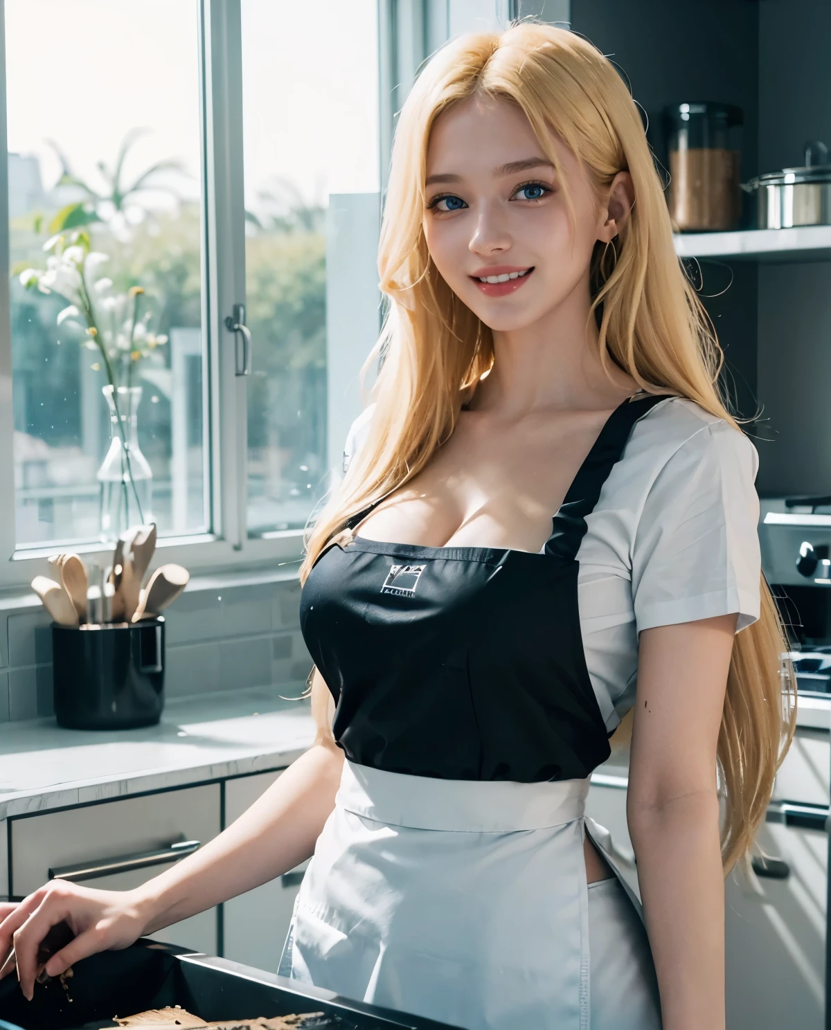 1girl, Blue eyes, (laughing), (in a luxurious kitchen :1.4), (close-up at face :1.2), (Sana Minatozaki), wide hips, Big , big ass, (Best Quality, 8k, Masterpiece: 1.3), perfect hands, Clear Focus: 1.2, Perfect Body Beauty: 1.4, Highly detailed face and skin texture, detailed eyes, double eyelids, (blonde long hair :1.2), (white cleavage t-shirt), (black apron :1.3), (jeans), standing, dynamic pose, windows in the background