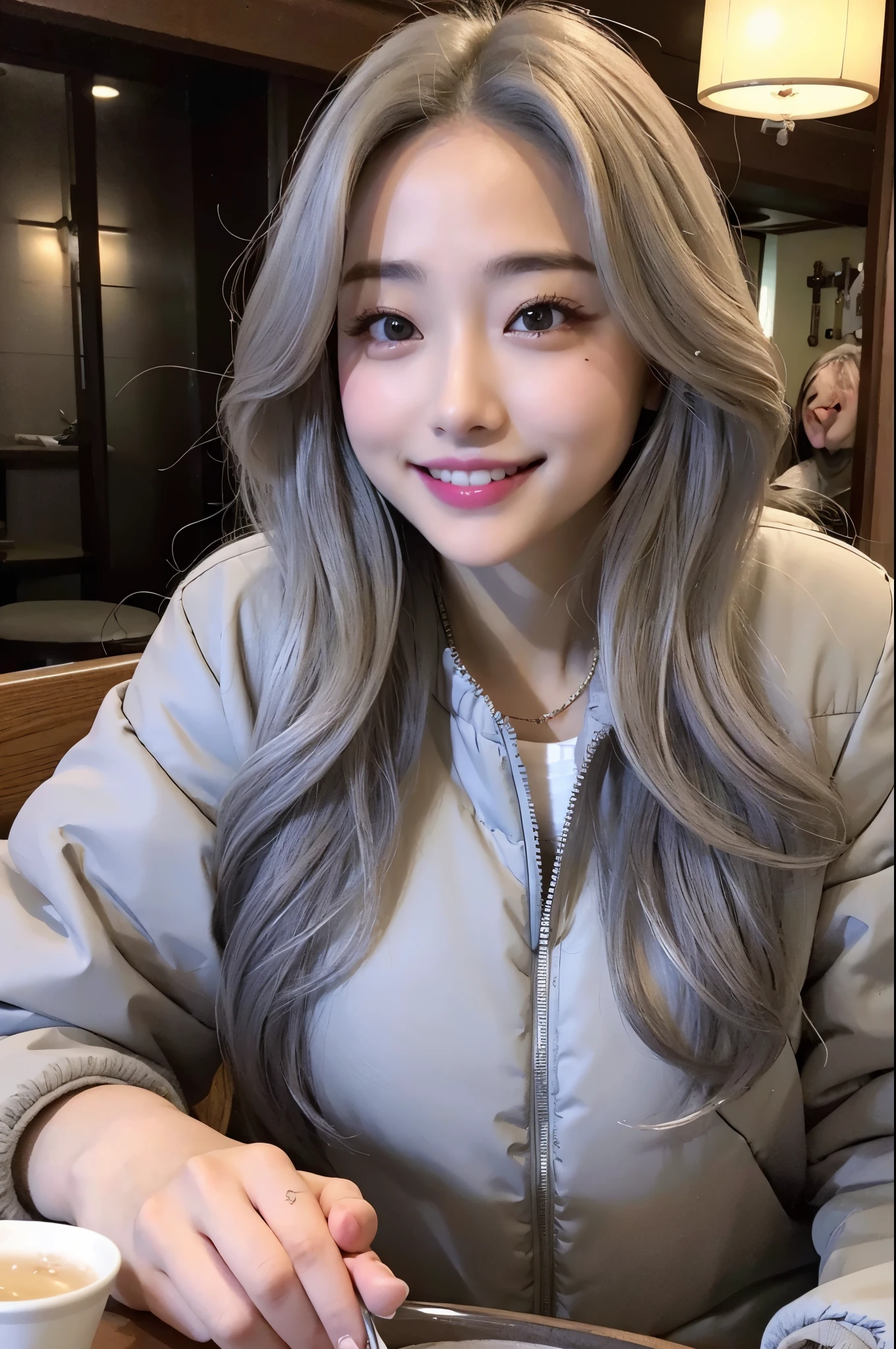 realistic, High resolution, 1 female, glowing skin, alone, wide lips,long hair,wavy hair, hip up,saggy breasts,small face,Gray color hair,Color Contacts,Wearing a down jacket,smile,white teeth,izakaya,glass,sitting,detailed hands