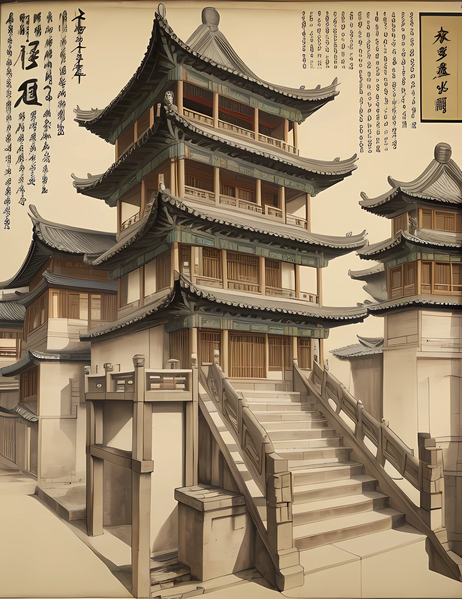 Traditional Chinese architectural structure diagram, decomposition, description, details,pop-up book,