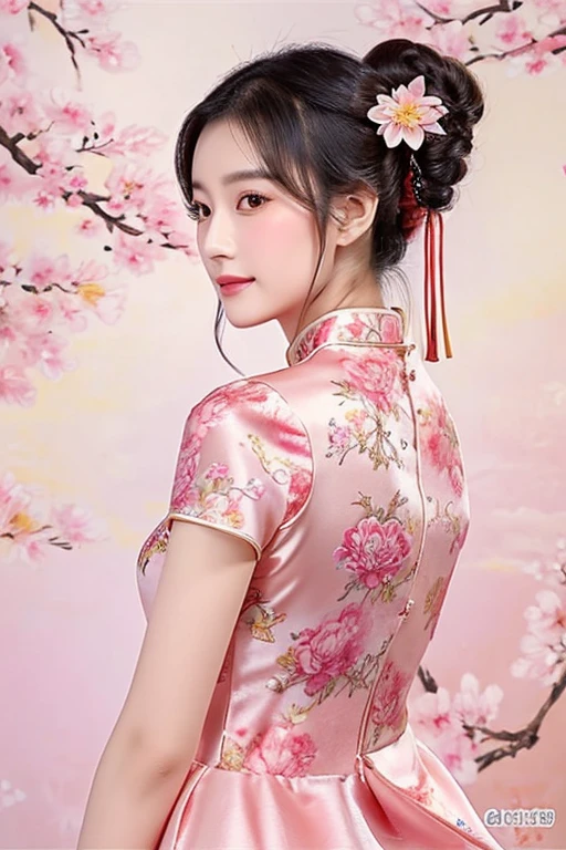 a close up of a drawing of a woman in a dress，Flowers in the hair, Cheongsam, Chinese dress, flowing sakura silk, Chinese style, gorgeous chinese models, Chinese girl, flowing sakura-colored silk, Ethereal beauty, Lovely woman, elegant japanese woman, cute elegant pose, wearing pink floral gown