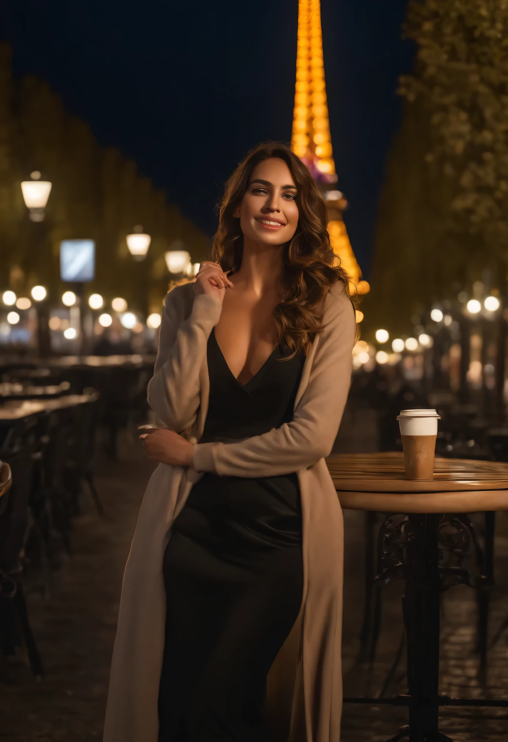 femme pleinement , brune, ultra realist, regarde la camera, Meticulously detailed, cheveux bruns, selfie of a young woman, maquillage naturel, Superbe corps complet, dans la rue, la nuit, costume, exterieur, veste costume, TERASSE of a coffee, le soir, at the Eiffel Tower