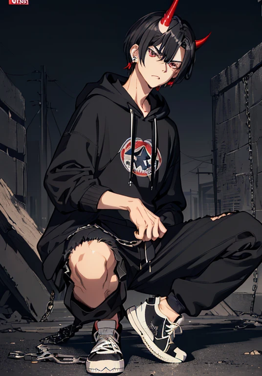 Q version of the character,Japanese manga characters,((best quality, masterpiece, 4K, detailed meticulous, Gerbru, pixiv)), detailed meticulous eyes and detailed face, warm light, ((alone)), male, 1 boy, , boy, Soft features, Emotional, ((1 dEmotionaln horn fading from black to red)), ((red eyes, sharp vision, bags under eyes)), skinny, ((black hair, Messy straight Bob hairstyle, short hair, longer mid-chain), (looking at the audience, angry expression), ((Black banded logo hoodie, Loose cargo pants, black converse sneakers, earrings)), night city background,, dark atmosphere, moonlight, dynamic poses, Rebellious expression,The crotch is bigger