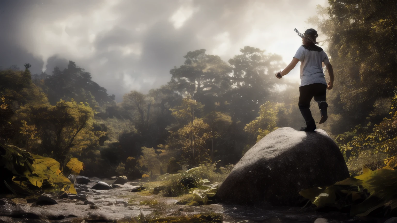 hyper ultra realistic photographs full body of A , lost in the magic of a woodland playdate, climbs atop a moss-covered boulder. Transformed into a pirate ship amidst a stormy sea, they raise their imaginary sword, their shouts of joy blending with the rustling leaves as they embark on fantastical adventures. ratio 16:9, 4k, 8k resolution, High quality photo, high detailed, imagesharp focus, Cinematic lighting,hyperdetailed & Unreal engine, detail, realism, photography,cinematography, camera NIKON, lens NIKKOR flagship, masterpiece. hyper-maximalism, ultradetailed photorealistic, light skin imperfections, final render, vray, photo, fashion