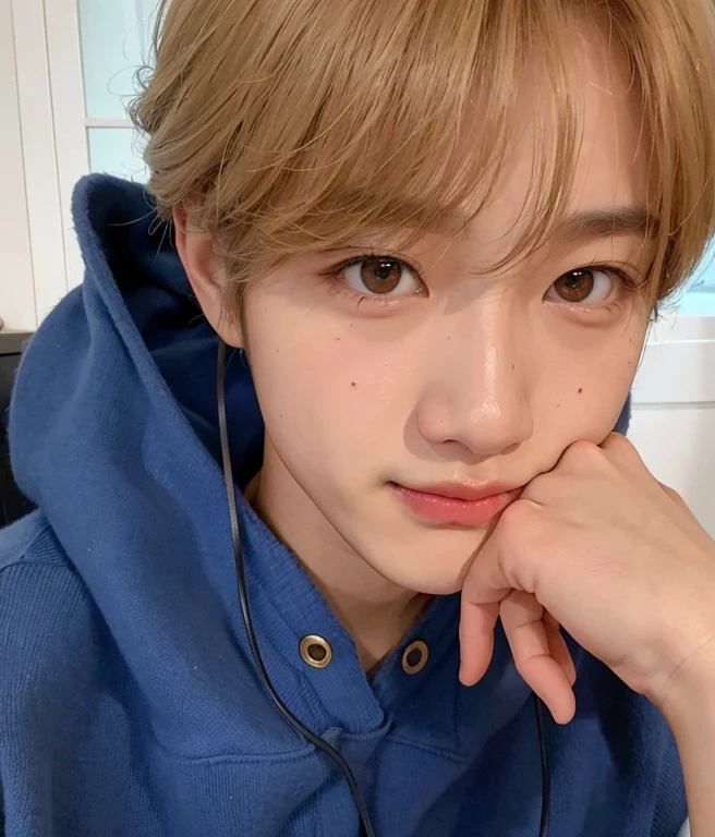 Minseo Asian man with light hair,looking at the camera while resting your face on your closed hand, rosto minseo Idol de kpop do grupo drippin,beautiful pale and delicate Korean face