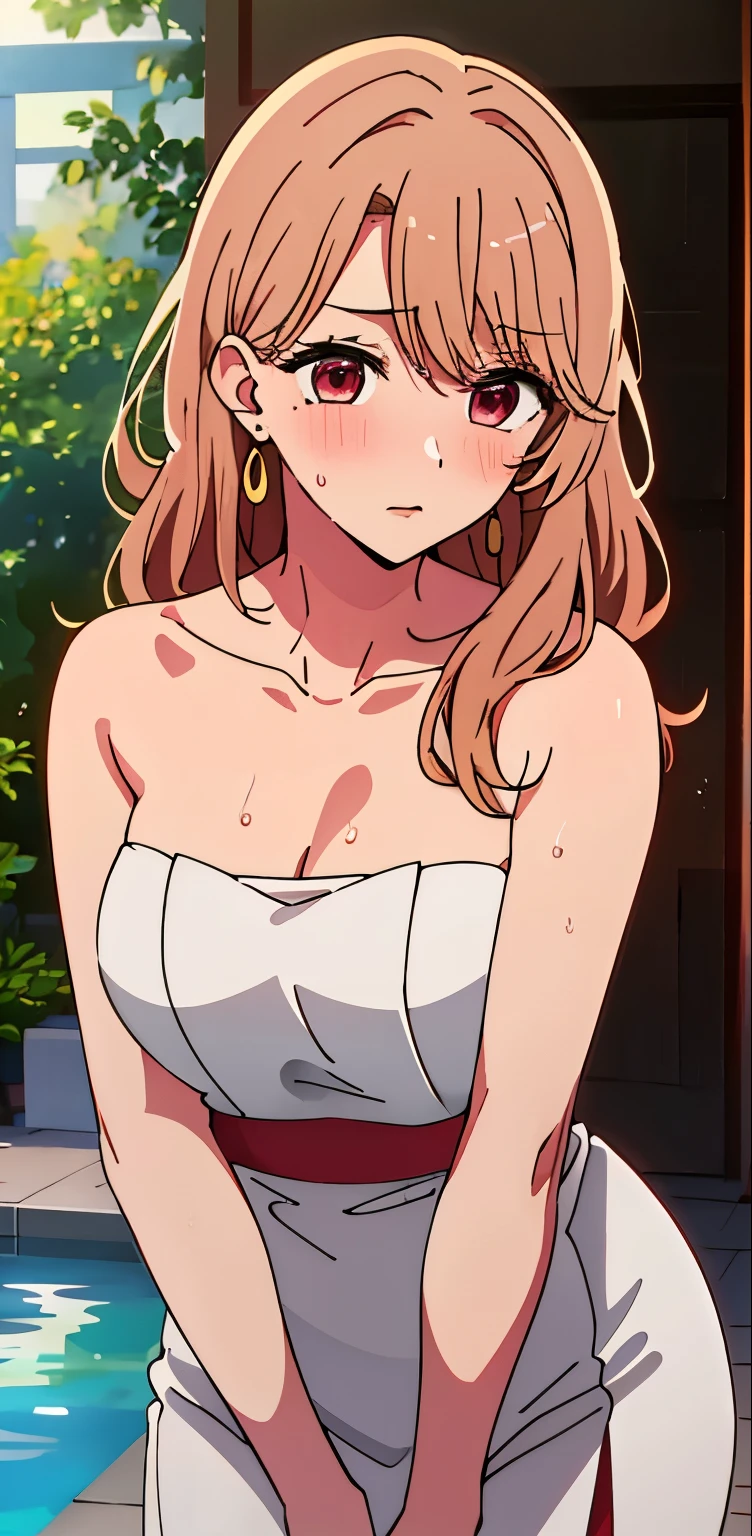 ((masterpiece, highest quality)), miyako, 1 girl, alone, chest, 前hair, jewelry, big_chest, gold hooped earrings, mole, hair_behind_ear, White towel , bathing, Wet, sweating, blush, wearing towel, looking at the viewer, entrance, garden, leaning forward, Upper body, hands to hips, Self snap, strawberry-blonde hair, red eyes