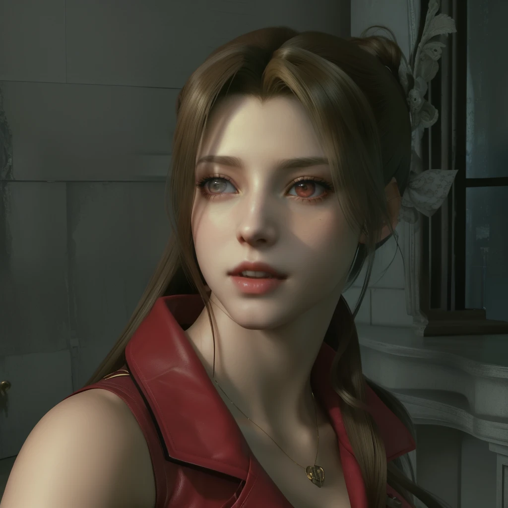 Close-up of woman holding gun in room, Aerith Gainsborough, The heroine of the novel, beautiful Aerith Gainsborough, background of Vampire game, Aerith's image is bright, Video game character, Vampire 1, Model in Silent Hill, Glamorous Valentine's Day generation, Vampire, The heroine of the novel 👀 :8, Vampire 4, Feminine character