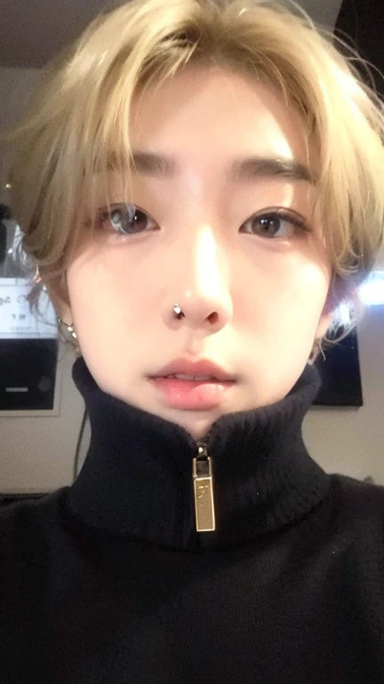 Minseo Asian man with light hair,looking at the camera with your face very close to the cell phone camera lens, rosto minseo Idol de kpop do grupo drippin,beautiful pale and delicate Korean face