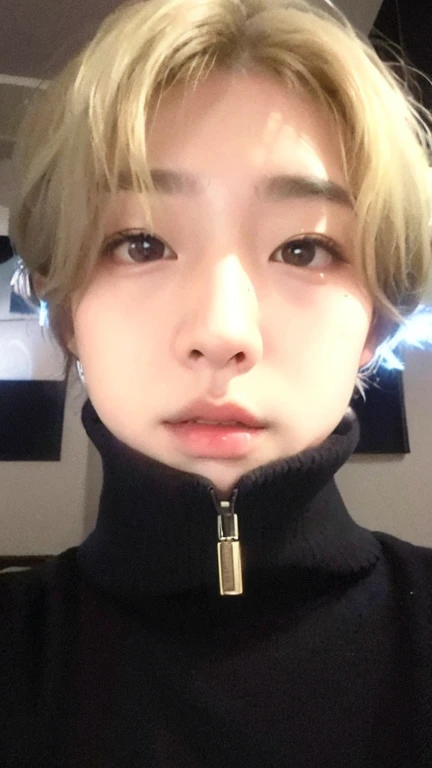 Minseo Asian man with light hair,looking at the camera with your face very close to the cell phone camera lens, rosto minseo Idol de kpop do grupo drippin,beautiful pale and delicate Korean face