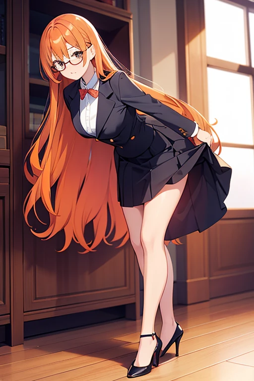 (Masterpiece), Best Quality, ultra-detailed, 1girl (Gwendolyn_Tennyson, Slender and sexy body, lovely small breasts, orange hair, long wave hair, green eyes, half-closed eyes, spectacles), a come-hither face, smirk , parted lips, nose blush, blush, facing viewer, looking at viewer, solo, business suits, business jacket, dark blue jacket, white y-shirts(buttons), necktie, pleats skirt,dark blue skirt, black lace thighhighs, in the classroom, night time, , sitting, sitting on desk, spread legs, black lace panties, come-on, lure,, Sexy waist teasing, , from_below , full body