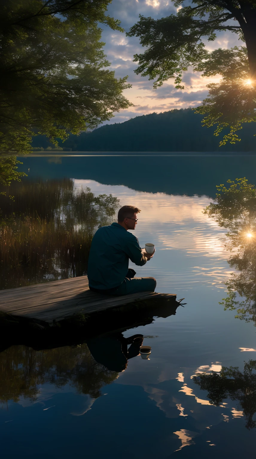 wallpaper, summer, lake, dawn, forest, detailed forest, clouds, masterpiece, cinematic, soft light, depth of field, ray tracing, reflection in water, realism, ulra detailed, man sitting next to lake with coffee cup