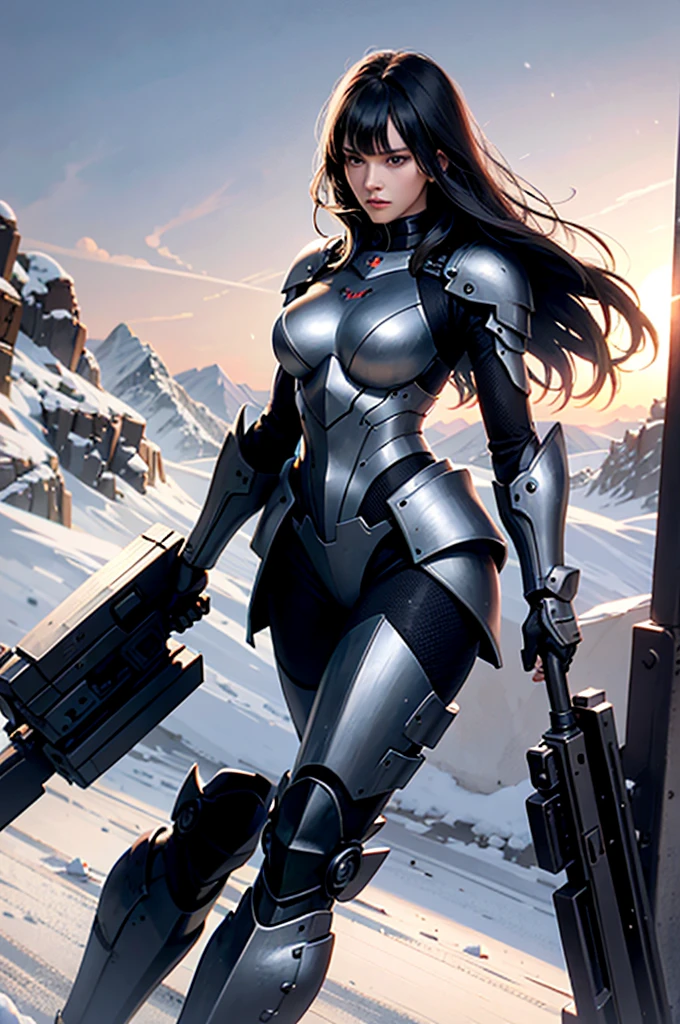 Incredibly ridiculous face, silky long black hair, pure black long hair (obvious), domineering female attack, indifferent and emotionless expression, hair color is black, black hair, woman wearing black nano armor, full of mecha sense, full of science and technology, mecha chest has a dark red miniature nuclear reactor, cool armor, armor lines are clearly visible, armor metal is strong, realistic and natural picture quality, special forces, nano armor wrapped in the whole body, beyond 8K picture quality, extremely high clarity 1girl, adult women, adult female figure, long legs, extremely high rendering effect, 2D painting style, realistic photo photos, snow-white skin, royal sister style, big sister, indifferent expression, serious face, conservative tight dressing, angular, classical beauty