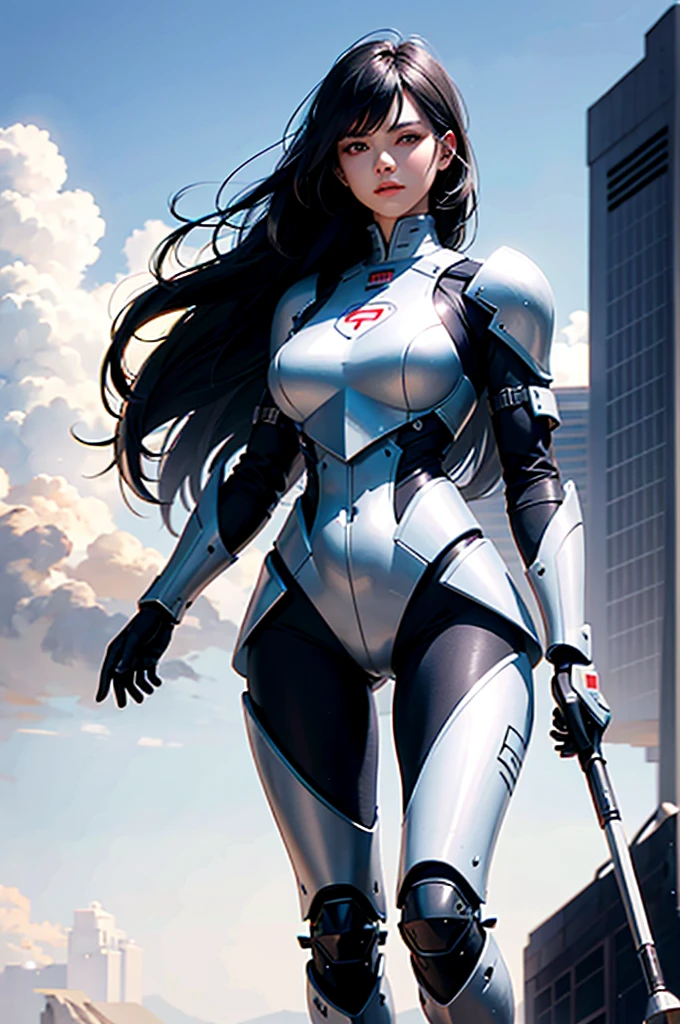 Incredibly ridiculous face, silky long black hair, pure black long hair (obvious), domineering female attack, indifferent and emotionless expression, hair color is black, black hair, woman wearing black nano armor, full of mecha sense, full of science and technology, mecha chest has a dark red miniature nuclear reactor, cool armor, armor lines are clearly visible, armor metal is strong, realistic and natural picture quality, special forces, nano armor wrapped in the whole body, beyond 8K picture quality, extremely high clarity 1girl, adult women, adult female figure, long legs, extremely high rendering effect, 2D painting style, realistic photo photos, snow-white skin, royal sister style, big sister, indifferent expression, serious face, conservative tight dressing, angular, classical beauty